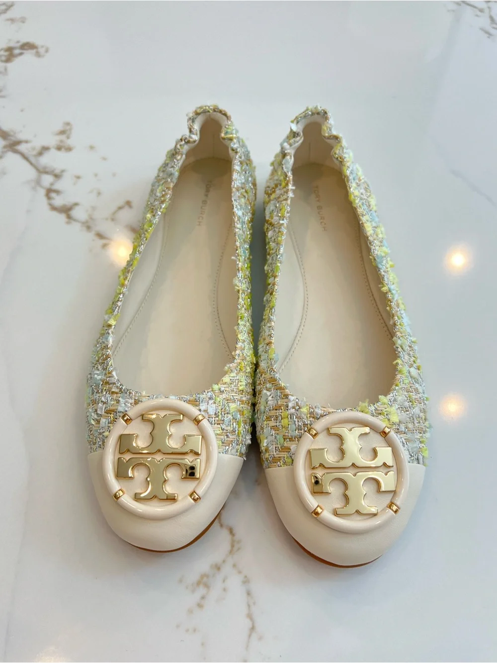 Tory Burch Cream and Pastel Tweed Logo Ballet Flats